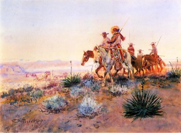 vaquero de indiana Painting - Cazadores de búfalos mexicanos indios vaqueros Charles Marion Russell Indiana